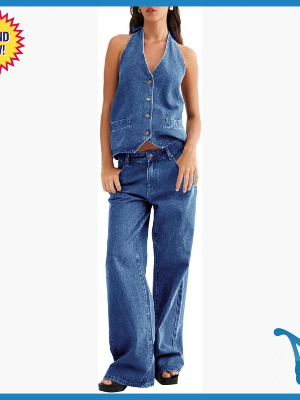 Two Piece Denim Set Backless Tank Top Wide Leg Jeans Relaxed Fit